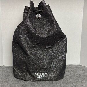 Victoria's Secret Black Sparkle Drawstring Backpack With Metal Charm